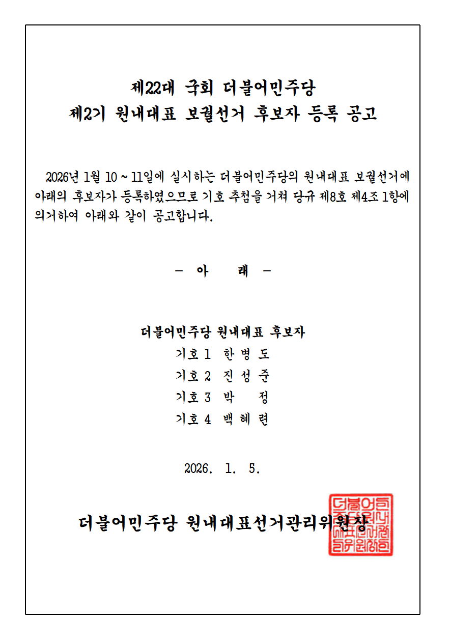 제22대 국회 더불어민주당 제2기 원내대표 보궐선거 후보자 기호1 한병도 기호2 진성준 기호3 박정 기호4 백혜련